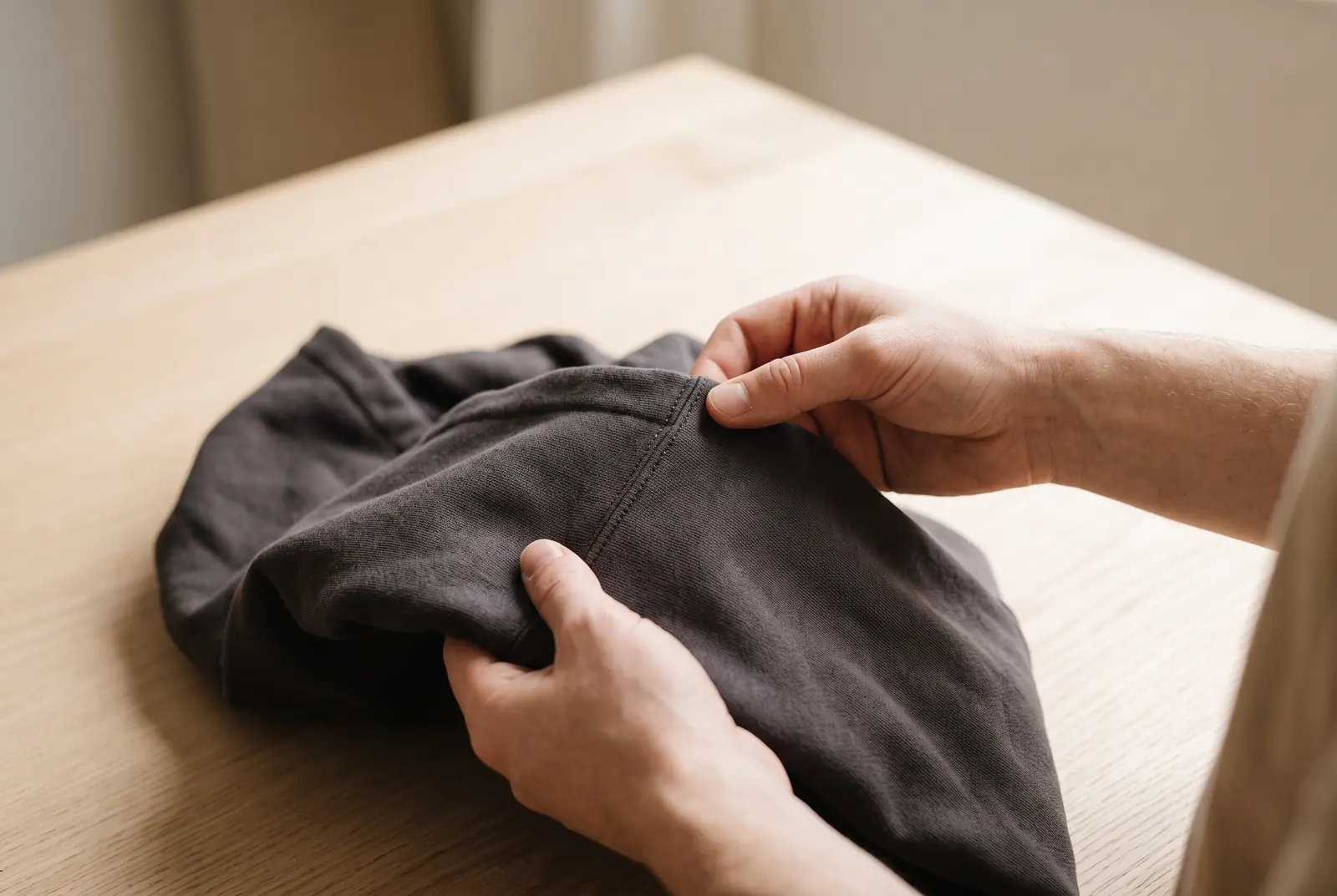 Händer som inspekterar tyget på en hoodie mot ljuset