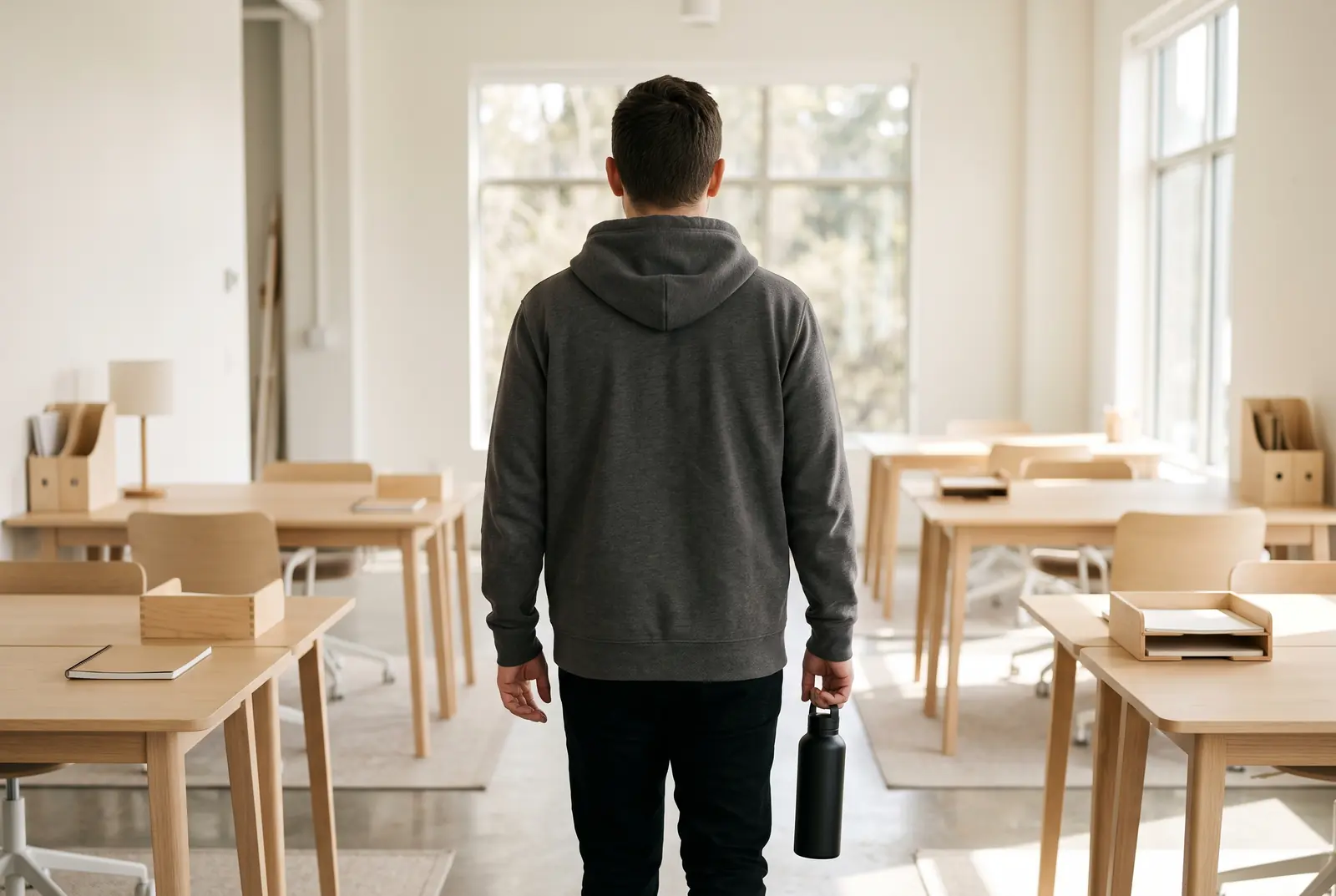Ljust kontor med en person i en enkel hoodie vänd bort