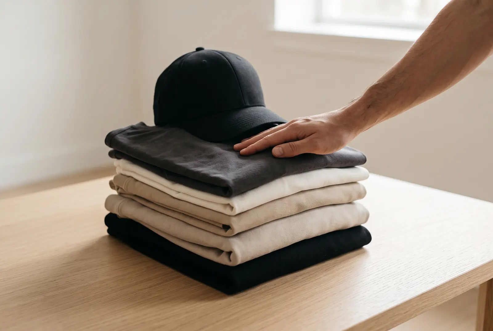 Hög med vikta T-shirts och hoodies i neutrala toner